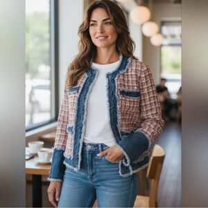 NWOT Nanette Lepore Tweed & Denim Jacket Size Large